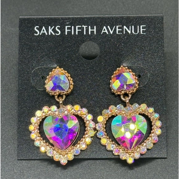 Elegant Saks Fifth Avenue AB Heart Crystal Post With Drop Crystal Heart Ear - Picture 3 of 9